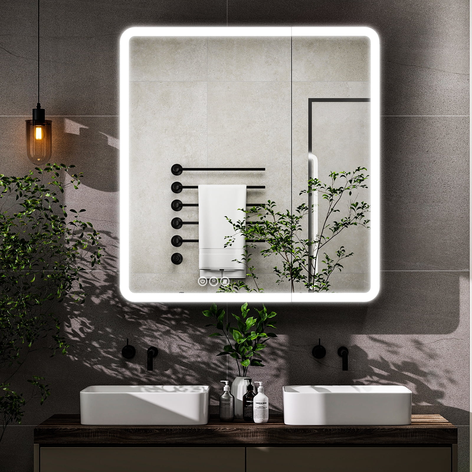 Easy4Home 30"x32" LED Bathroom Medicine Cabinet with Mirror with Adjustable Shelves & One-Door