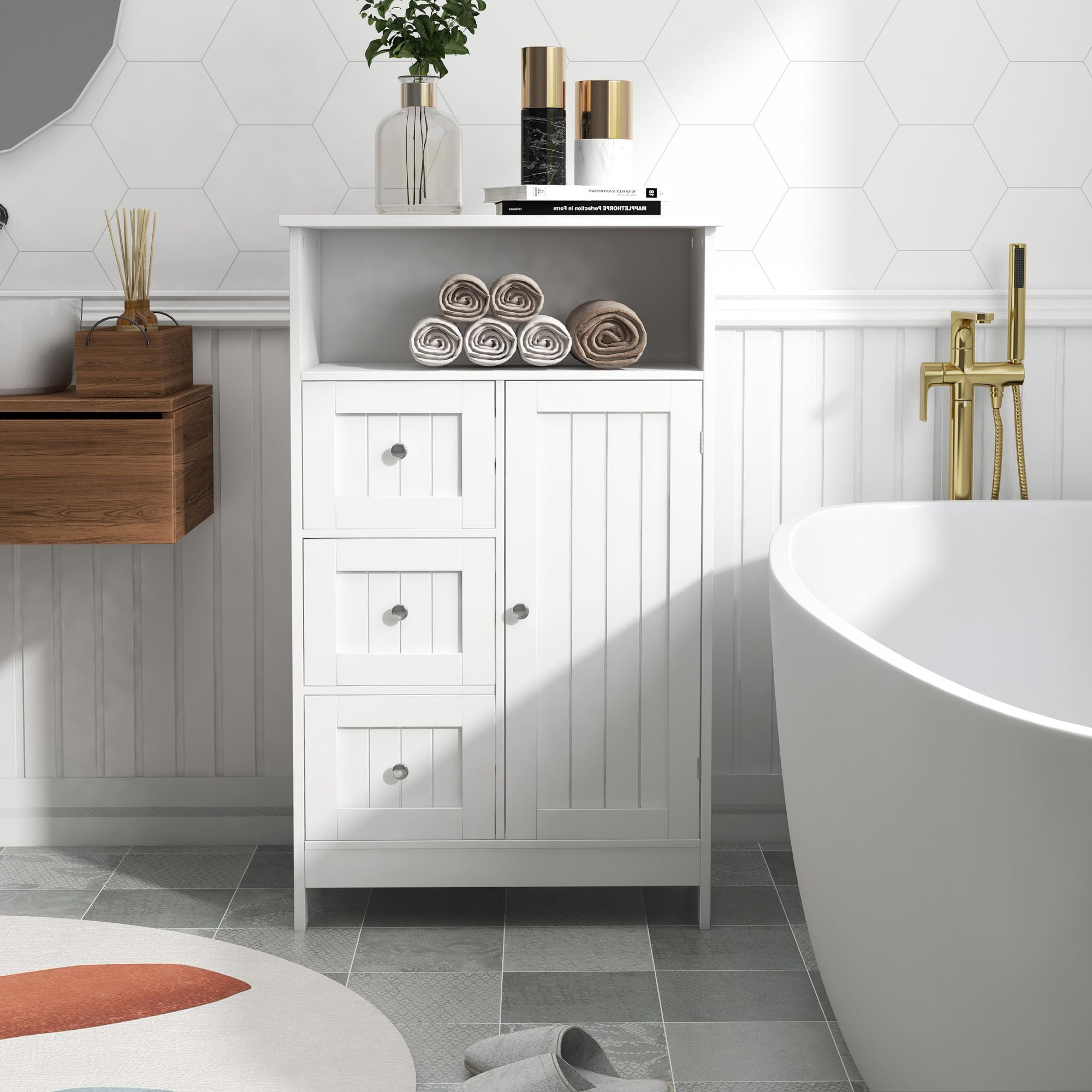 Aukfa Bathroom Storage Cabinet with 3 Drawers and Door -White