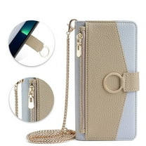 Phone Case for Motorola Moto G Play 2023 Zipper Wallet Cover with Make-up Mirror, Flip Cover PU Leather Ring Card Holder Kickstand Crossbody Strap Chain Cell Phone Case Cover, Blue