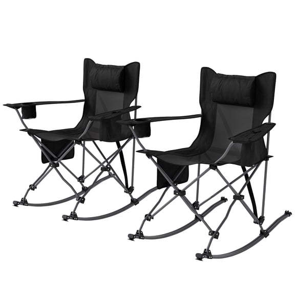 Portable Outdoor Folding Rocking Camping Chairs with Headrest, Cooler Bag, Cup Holder, Carry Bag, 2 Pack, Black