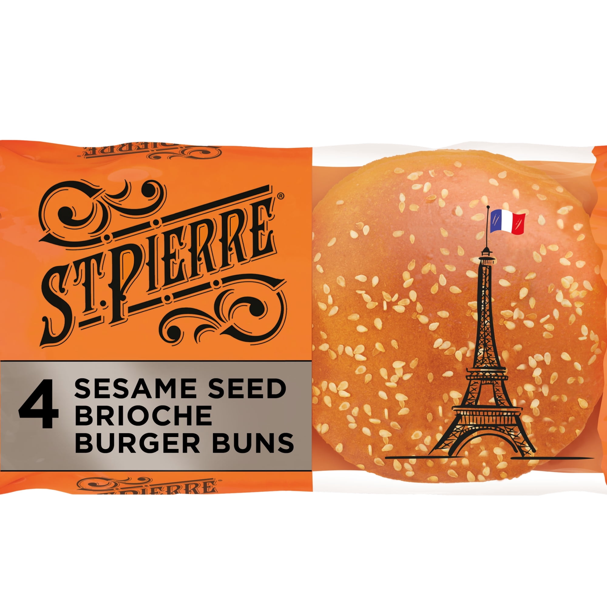 St Pierre Sesame Seed Brioche Burger Buns, 4 count, Hamburger Buns, 8.8 oz Bag