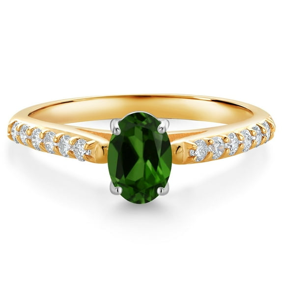 Gem Stone King 10K Two Tone Gold Green Chrome Diopside and White Lab Grown Diamond Engagement Ring for Women (0.88 Cttw, Gemstone, Oval 7X5MM, Size 7)