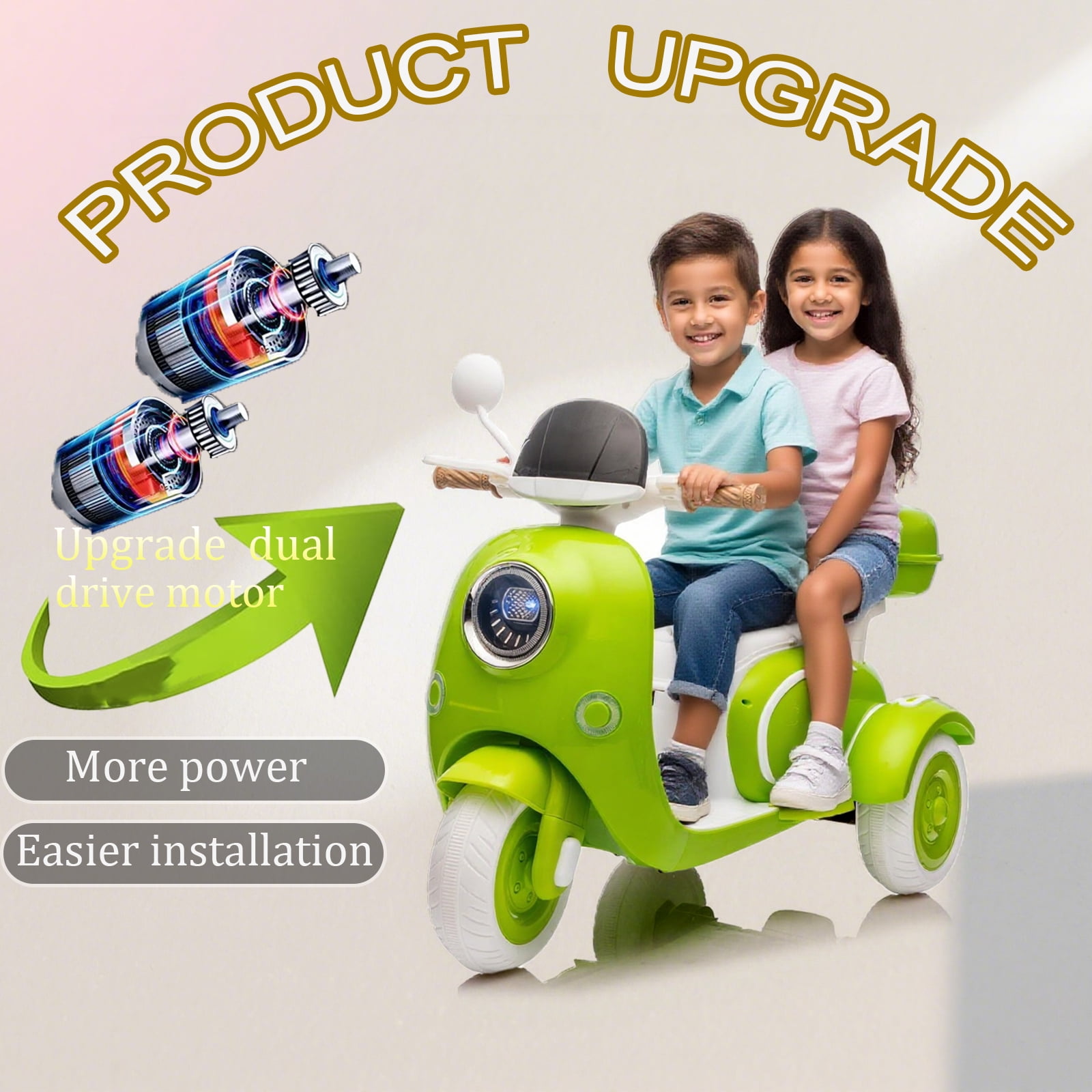 FINITO 12V 2 Seater Kids Electric Motorcycle, 3 Wheel 2WD Electric Bike with Storage Box, Bluetooth Music, LED Light, Green