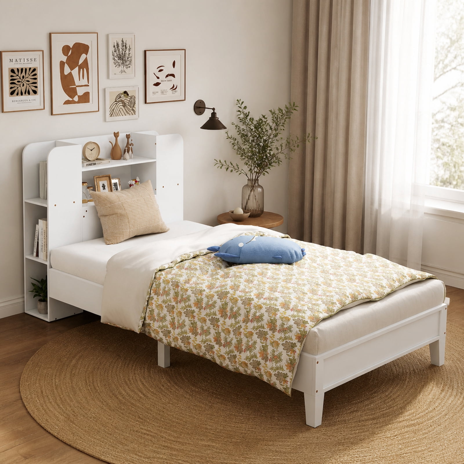 Furnibear Twin Platform Bed Frame with Built in Bookcase Headboard 2 Tier Shelf 6 Open Compartments Solid Wood Slats and No Box Spring Needed, White