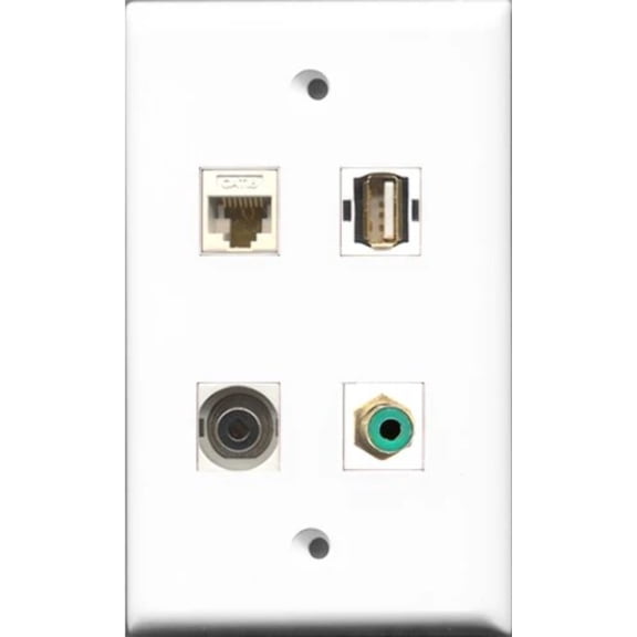 RiteAV 1 Port RCA Green and 1 Port USB A-A and 1 Port 3.5mm and 1 Port Cat6 Ethernet White Wall Plate