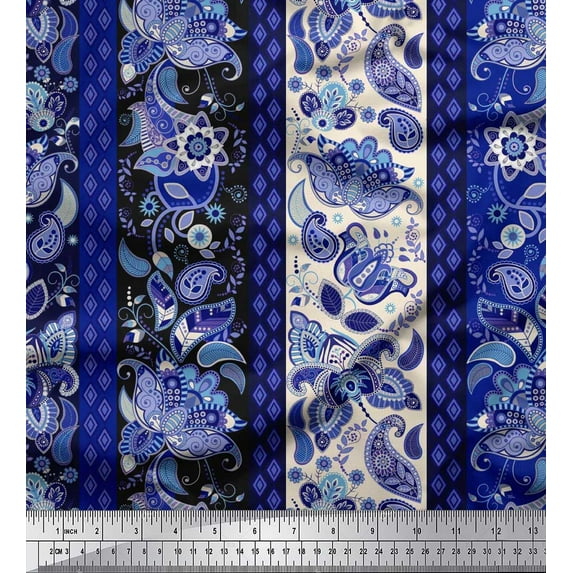 Soimoi Rayon Crepe Fabric Stripe & Paisley Print Fabric by the Yard 46 Inch Wide