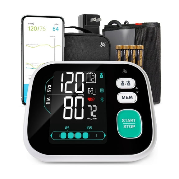 Greater Goods Blood Pressure Monitor with Bluetooth Sync, Smart Pro-Series Upper Arm BP Machine with Multicolor Backlit LCD & AC Adapter
