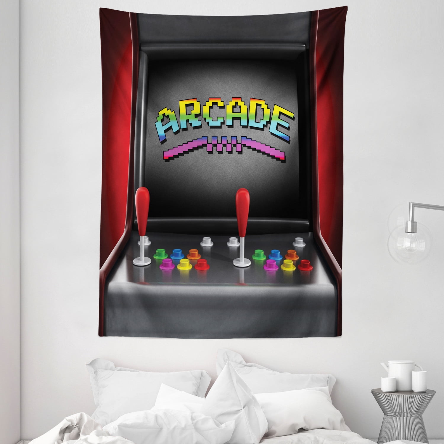 Video Games Tapestry, Arcade Machine Retro Gaming Fun Joystick Buttons