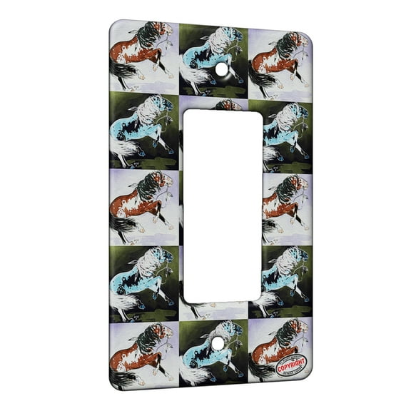 KuzmarK™ 1 Gang Rocker Wall Plate - Bay Overo Pinto Indian War Pony Horse Pattern Art by Denise Every