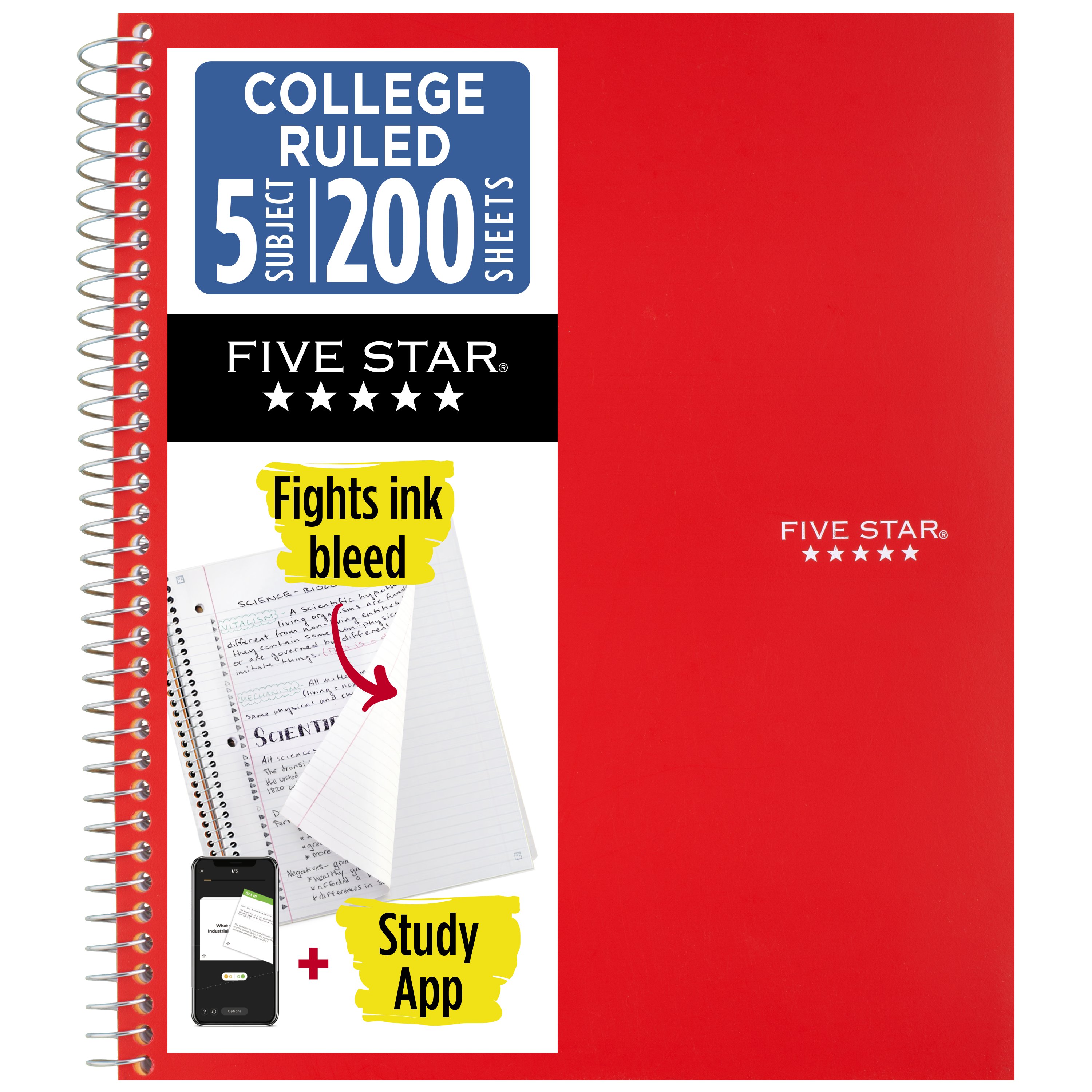 Five Star Spiral Notebook + Study App, 5 Subject, College Ruled, 8.5" x 11", Fire Red