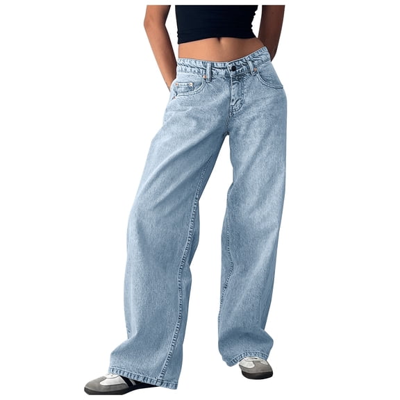 MIXUE Jeans For Women Solid Color Retro Low Waist Non Elastic Washed Straight Autumn Wide Leg Denim Pants Trousers Streetwear,Blue,L