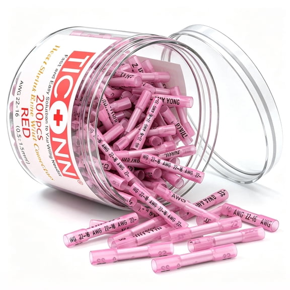 TICONN 200pc Red Heat Shrink Butt Wire Connectors, Waterproof Crimp Terminals
