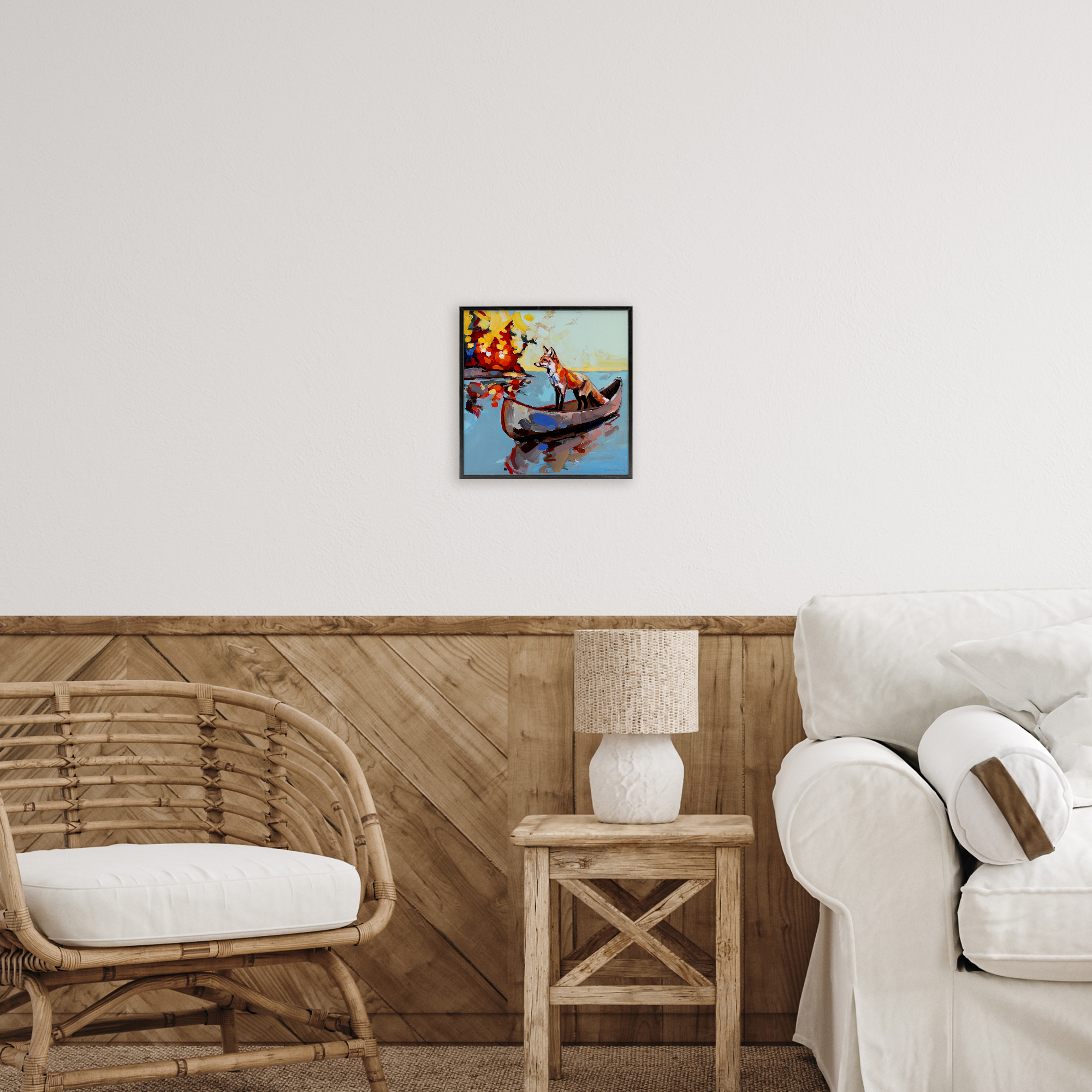Fox's Voyage on Canoe Black Framed Giclee Art, design by Adam Swanson
