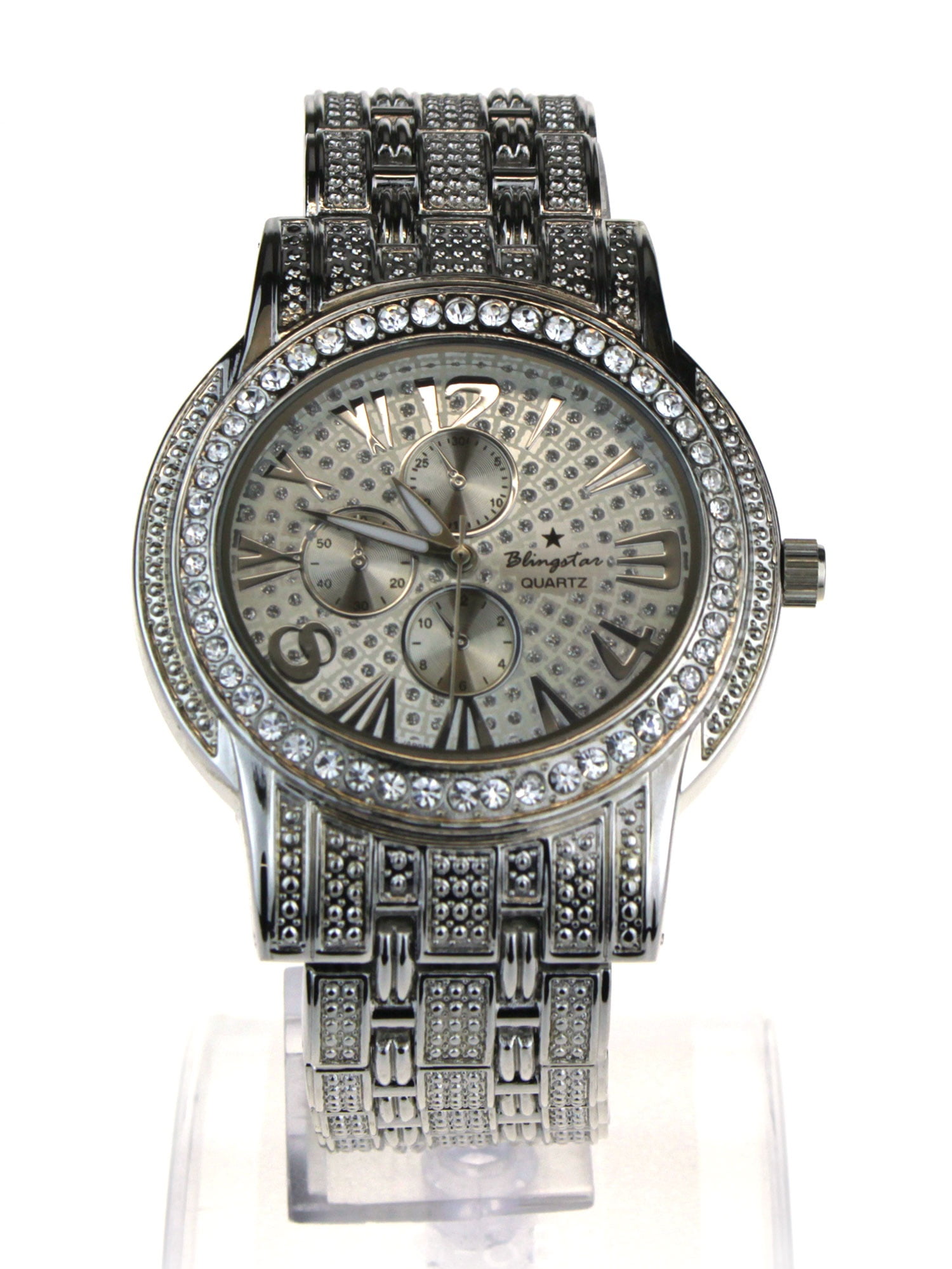 Womens Iced Out Bling Luxury Silver Jewel Round Analog Metal Watch Womens Iced Out Bling Luxury Silver Jewel Round Analog Metal Watch