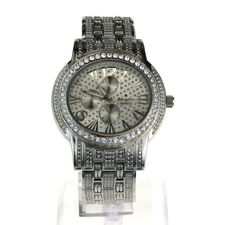 Womens Iced Out Bling Luxury Silver Jewel Round Analog Metal