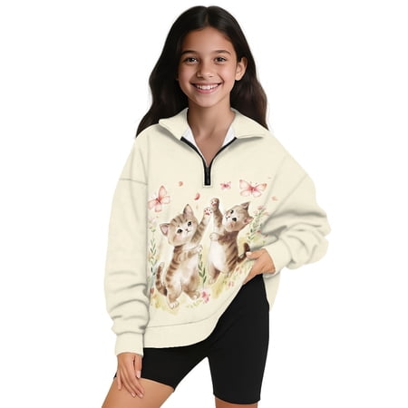 COEQINE Comfort Fit Girls Quarter Zip Pullover with Collar Long Sleeve Loose Fit Sweatshirt Adjustable Zip Neck Soft Machine Washable Polyester for 7-8 Years Cat Butterfly Beige