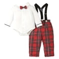 thumbnail image 3 of 9-12 Months Newborn Bodysuit Romper Toddler Boy Clothing Sets Plaid Shirt Bowtie And Suspender Strap Pants Outfits Long Sleeve Newborn Fall Winter Clothes,Red Jumpsuit, 3 of 8