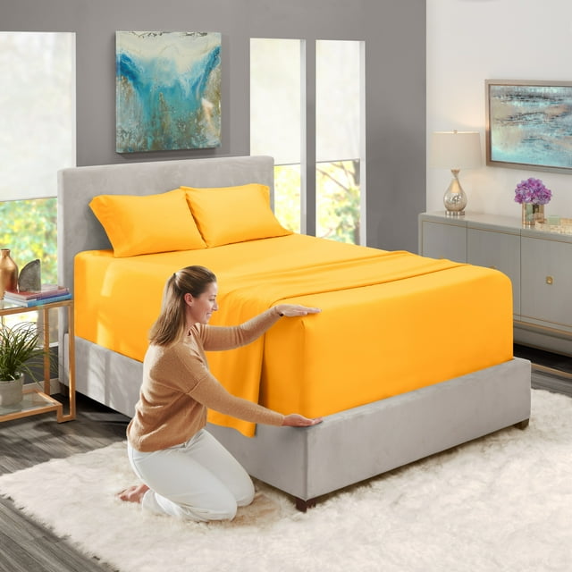 Extra Deep Pocket 4-Piece Bed Sheets Set , 18"-24" Super Deep Fitted Sheet, Fits High Profile Mattresses with Toppers, Hotel Luxury Soft Double Brushed Microfiber, Hypoallergenic - Full, Yellow