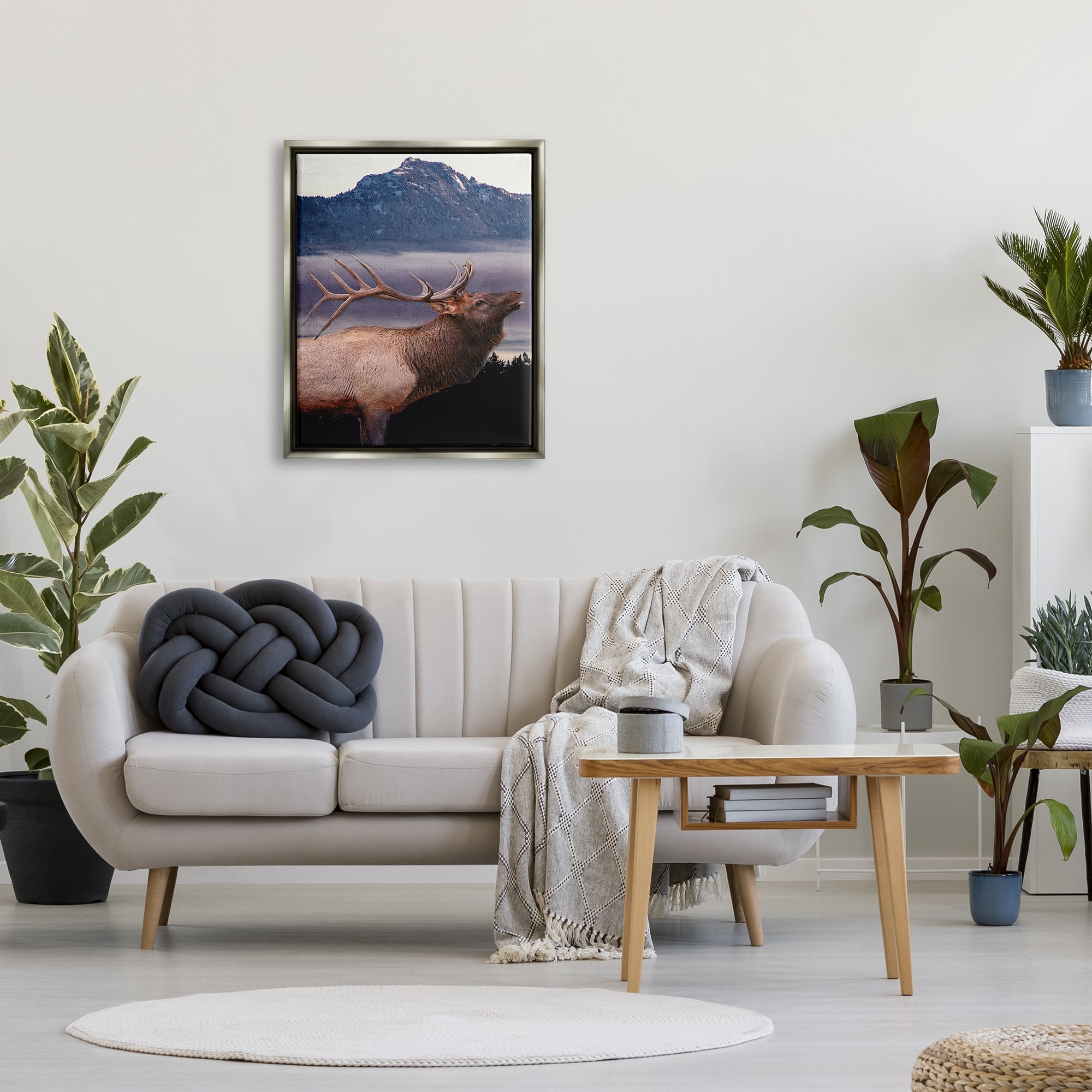 Stupell Industries Elk Mountain Landscape Animals & Insects Painting Gray Floater Framed Canvas Art Print Wall Art, 25 x 31
