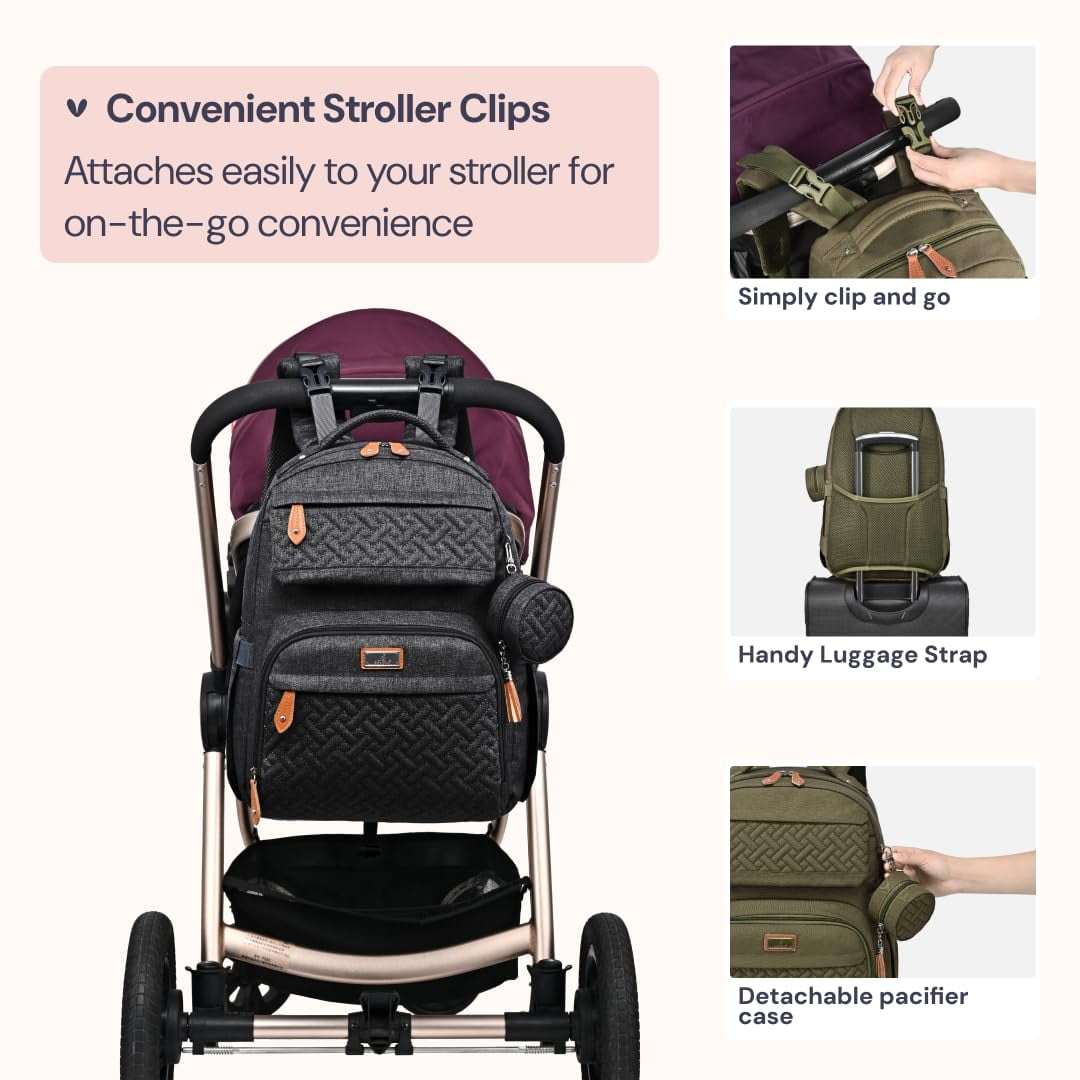 BabbleRoo Travel Diaper Bag Backpack, with Premium Changing Pad Set – Black