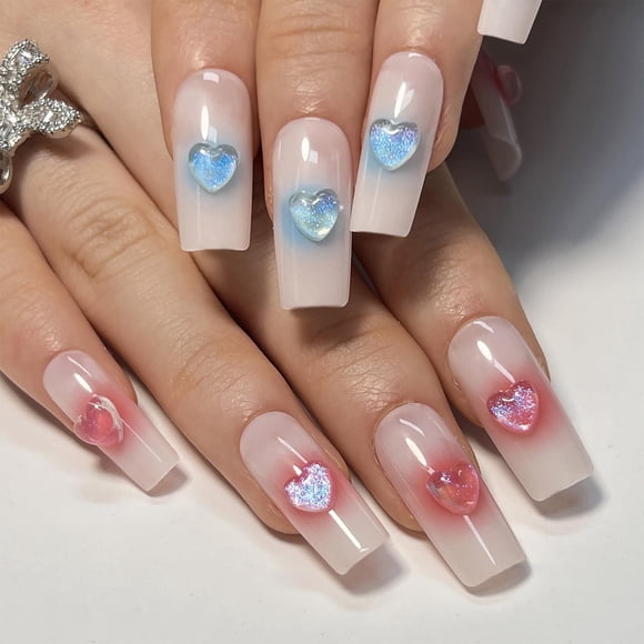 Press on Nails SINHOT Pink Long Square con corazón 3D, 24 unidades