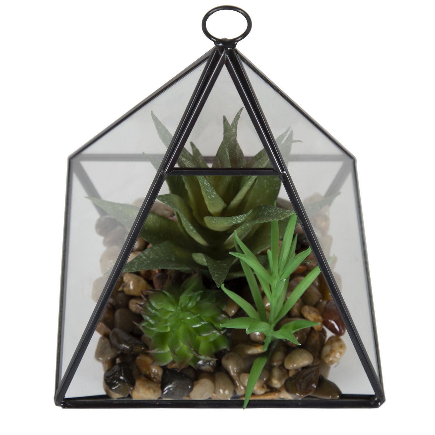 DesignOvation 9"H Tabletop Glass Terrarium with Artificial Succulent Trio