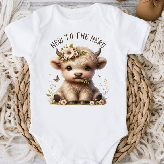 New To The Herd Cow Baby Bodysuit, Newborn Birth Announcement, Farming Baby Highland Heifer, New To The Farm, Loves Cows, Gender Reveal Cute Baby Onesie, BABY BODYSUIT LAT 4424