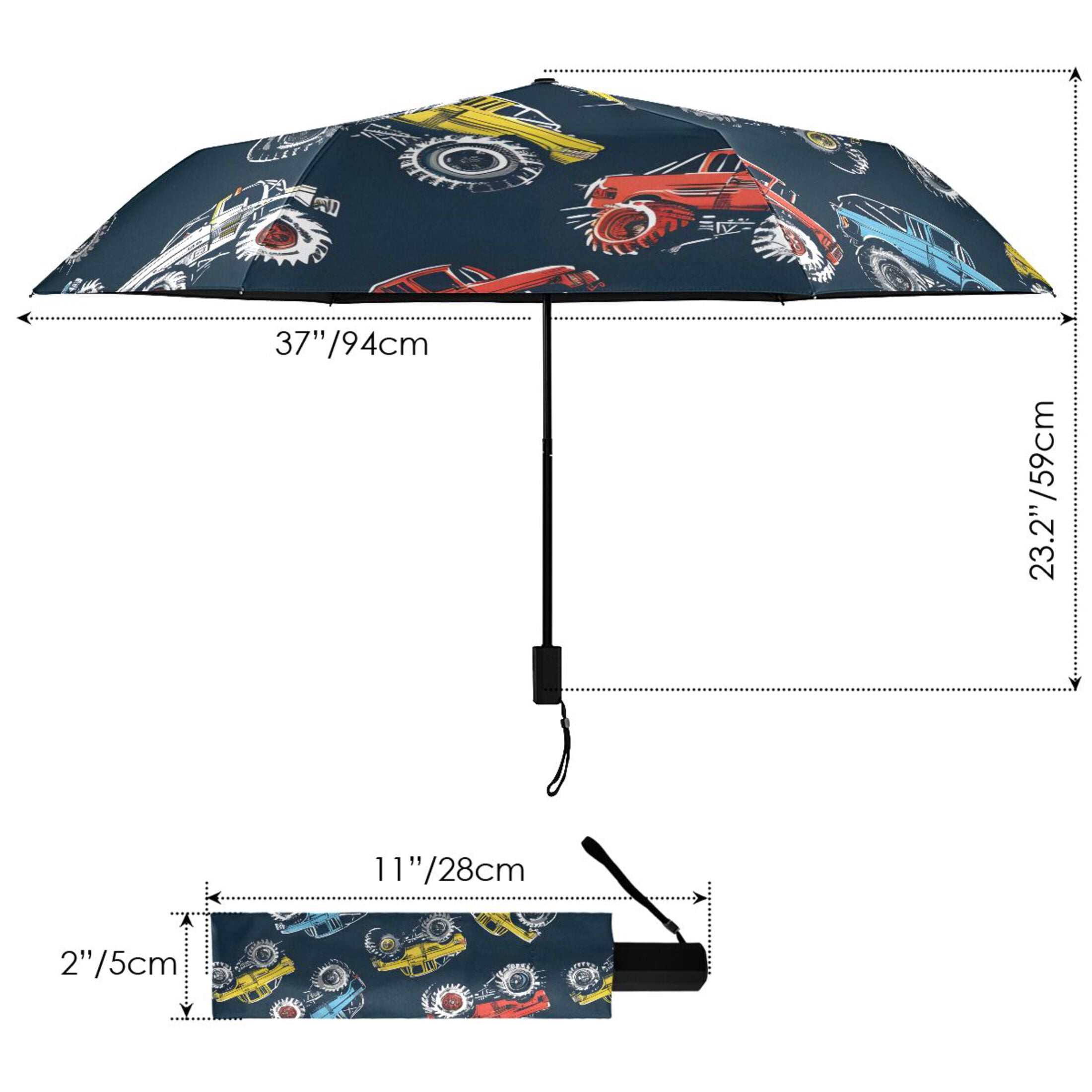 Colorful Monster Trucks Compact Sun Umbrella Windproof Travel Umbrellas for Rain Strong Portable UV Protection
