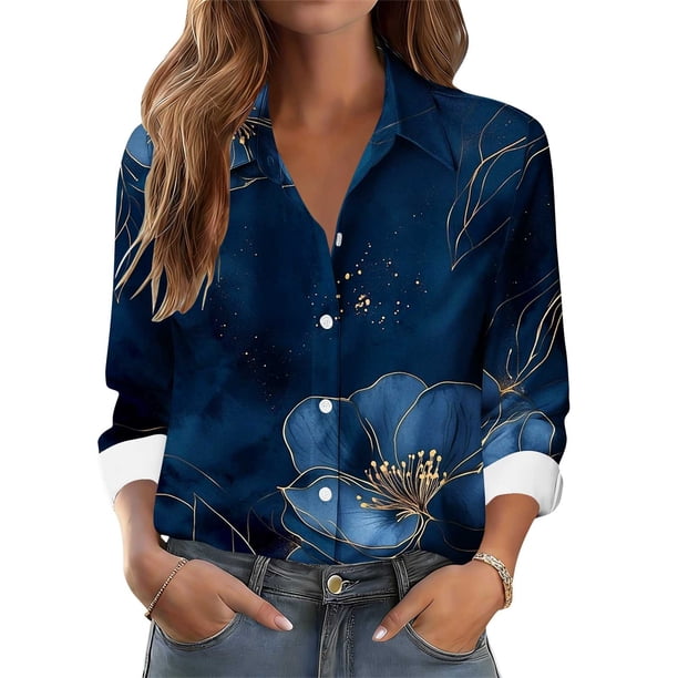 TaTaai Women Printed Long Sleeve Button Down Shirt Collared Casual Blouse Ladies Daily Work Lounge Wear Soft Comfortable No Fading Stylish Versatile Top Gift