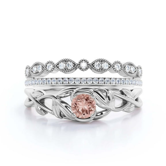 Boho & hippie 1.50 Carat Round Morganite And Diamond Moissanite Leaf Inspired Engagement Ring, Wedding Ring in 925 Sterling Silver With 18k White Gold Plating Promise Ring, Trio Set, Matching Band
