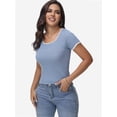 thumbnail image 2 of Women's Short Sleeve Square Neck T Shirt Color Block Slim Fit Summer Basic Tee Tops, 2 of 4