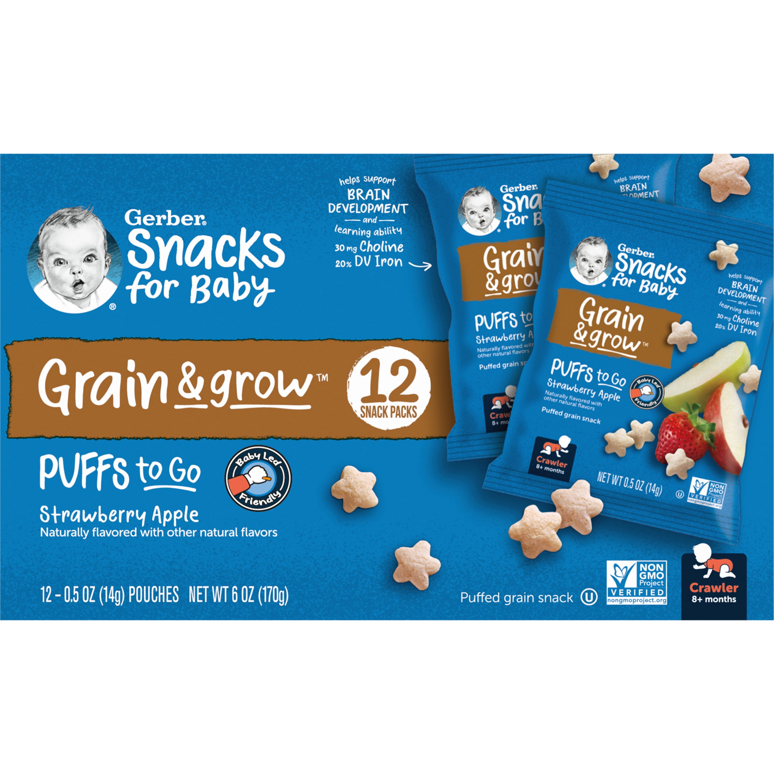 Gerber Puffs to Go Puffed Grain Snack, Strawberry Apple, 0.5 oz. Pouch (12 Pack)