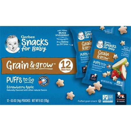 Gerber Puffs to Go Puffed Grain Snack, Strawberry Apple, 0.5 oz. Pouch (12 Pack)