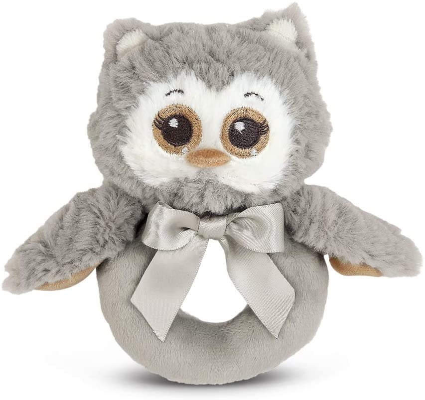 Bearington Baby Lil' Owlie Plush Stuffed Animal Gray Owl Soft Ring Rattle, 5.5'