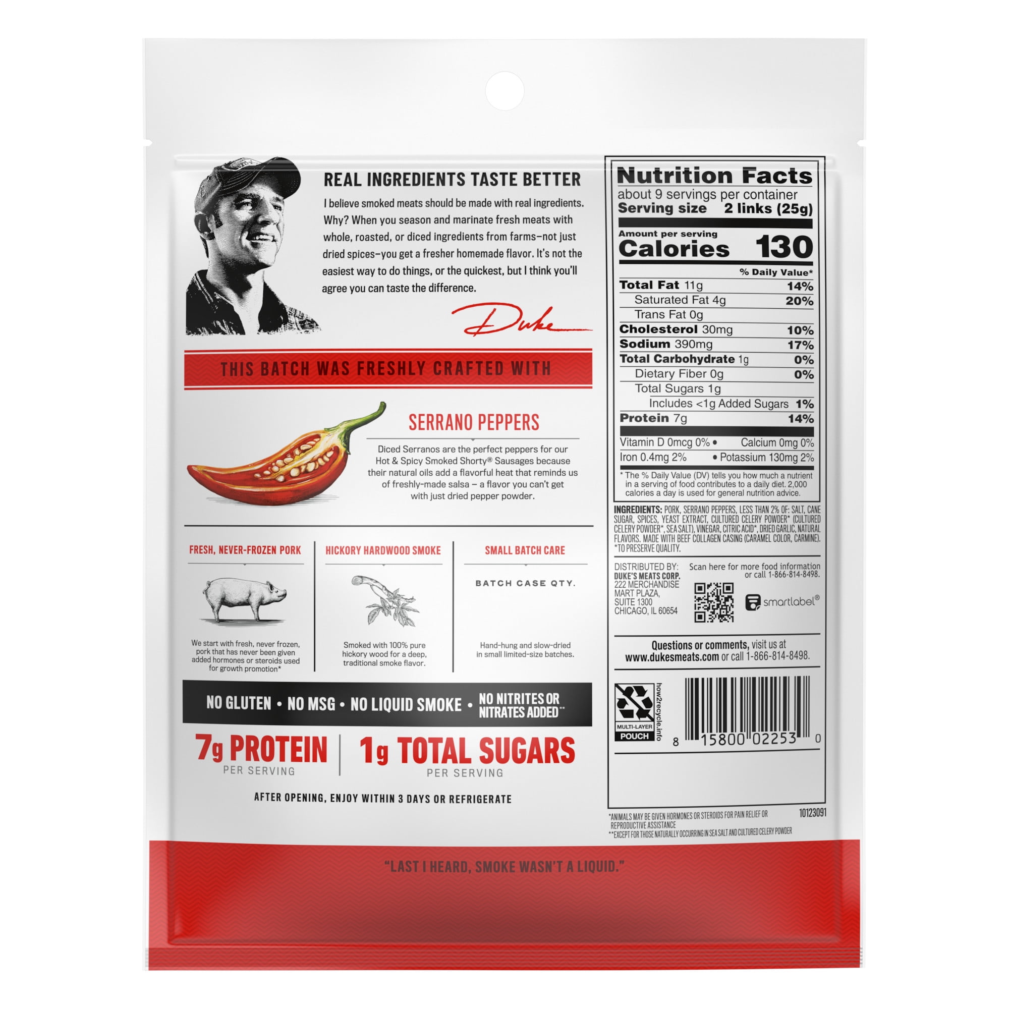 Duke's Pork Hot and Spicy Smoked Shorty Sausages, 7g Protein Per Serving, 7.5 oz.