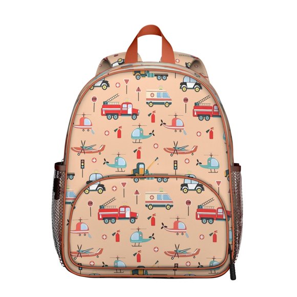 Sac à Dos pour Étudiants en Véhicules de Construction - Camion de Pompiers, Excavatrice Imprimé Dessin Animé, Tissu Oxford Résistant à l'Eau, Sangles Réglables