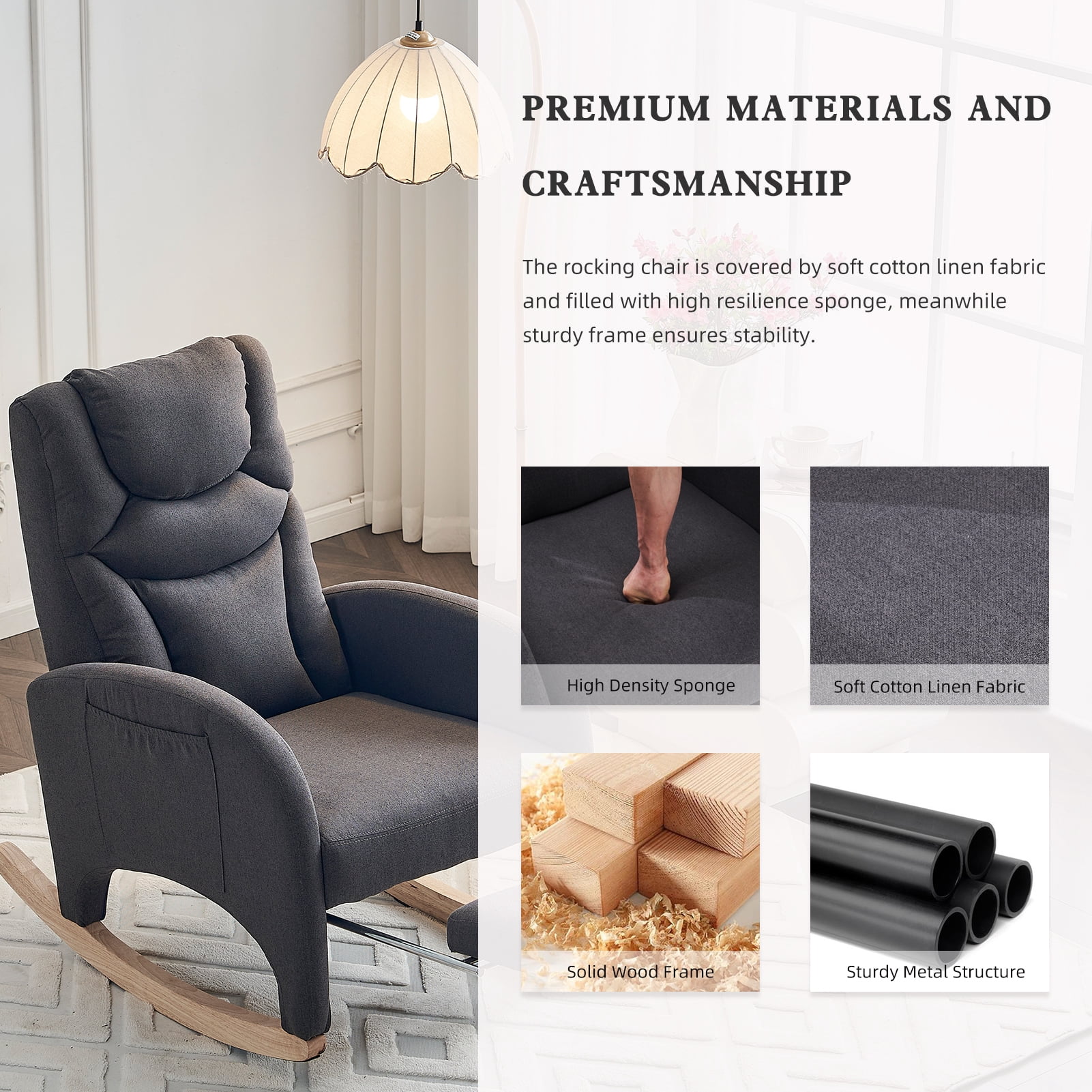 ALAKFORM Rocking Chair Nursery with Foot Rest,Cotton Linen Glider Rocker with Wood Legs, Nursing Rocking Chair Indoor for Living Room/Nursery,Dark Gray