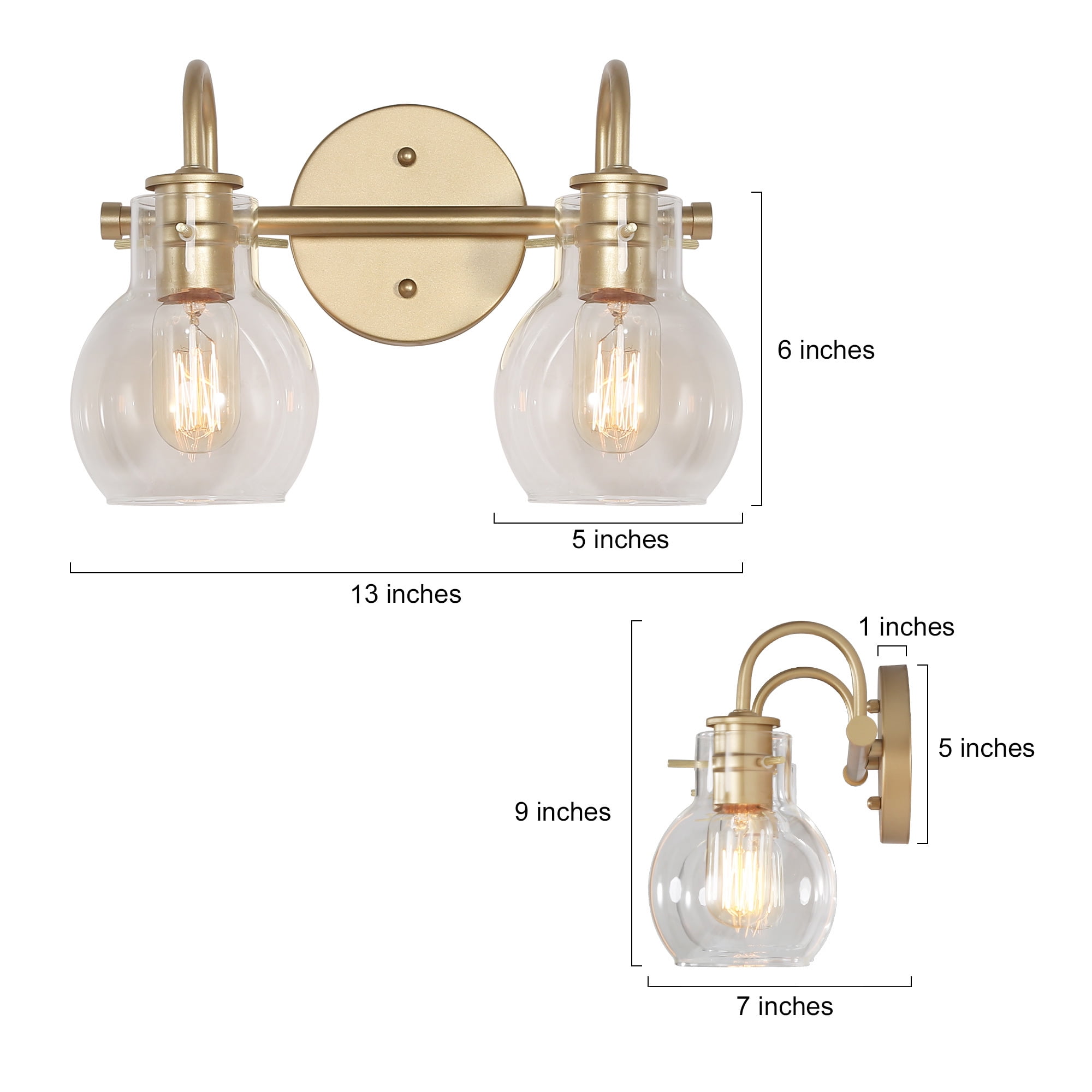 LNC 2-Light Modern Matte Gold and Globe Clear Glass LED Vanity Light For Bathroom