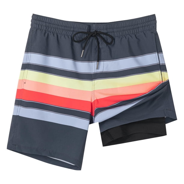 Bañador para Hombre SURF CUZ con Forro Compresivo, Secado Rápido, Shorts de Natación de 7", Traje de Baño Elástico con Bolsillos con Cremallera, Rayas Atardecer, Talla S