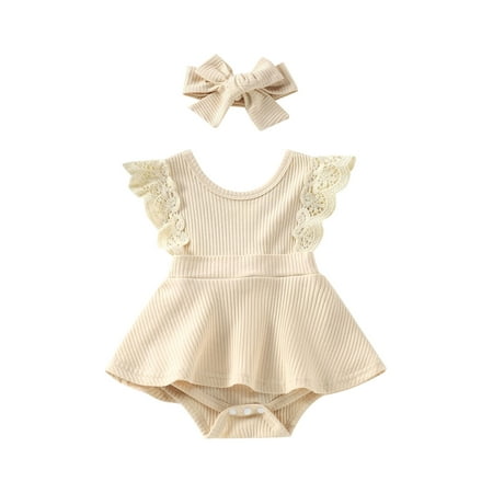 

TFFR Newborn Girl Romper Outfits Sleeveless Lace Patchwork Solid Color Dress Style Romper + Cute Headband Set