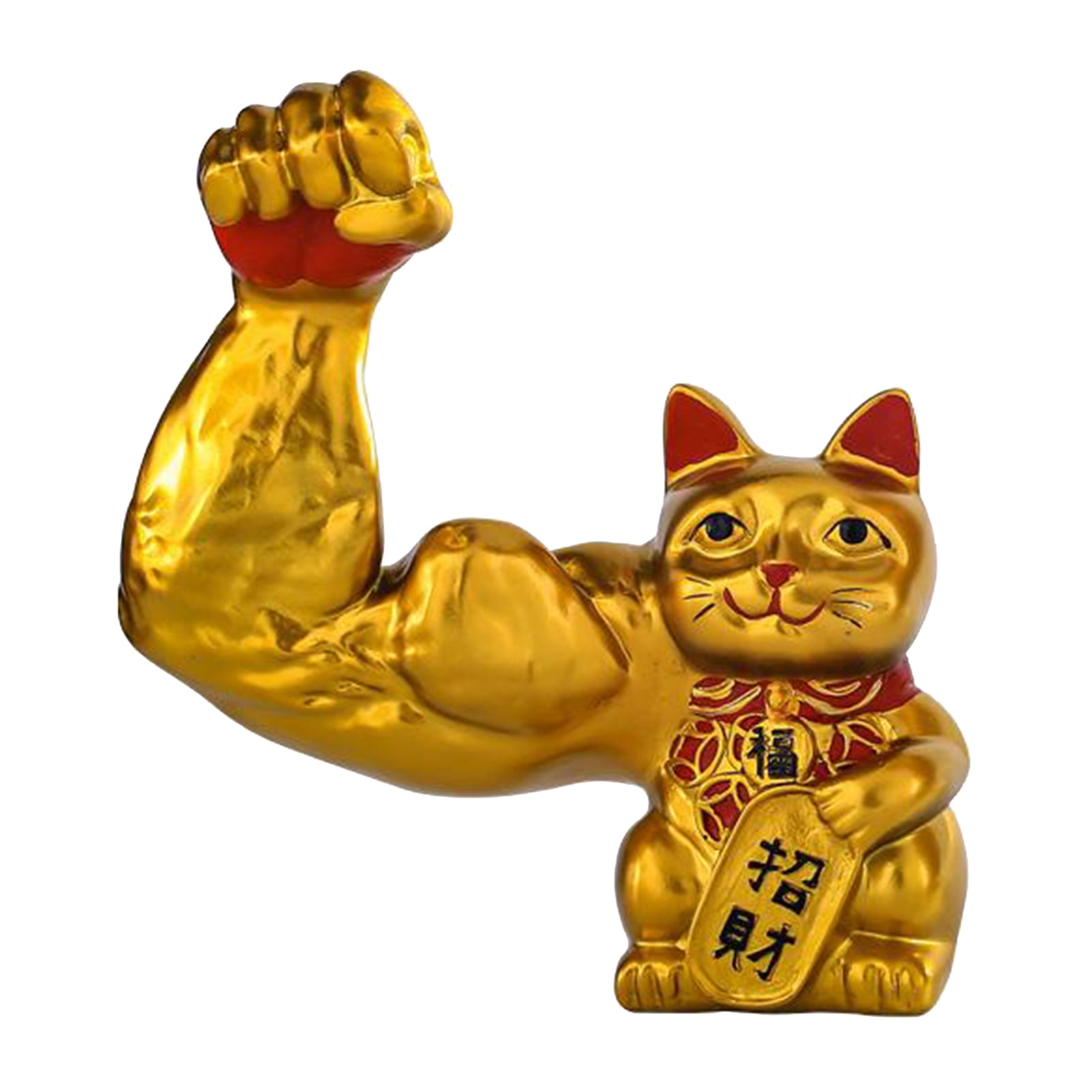 Lucky Cat Statue Cute Strong Muscle Arm Animal Figurines Resin Sculpture Feng 