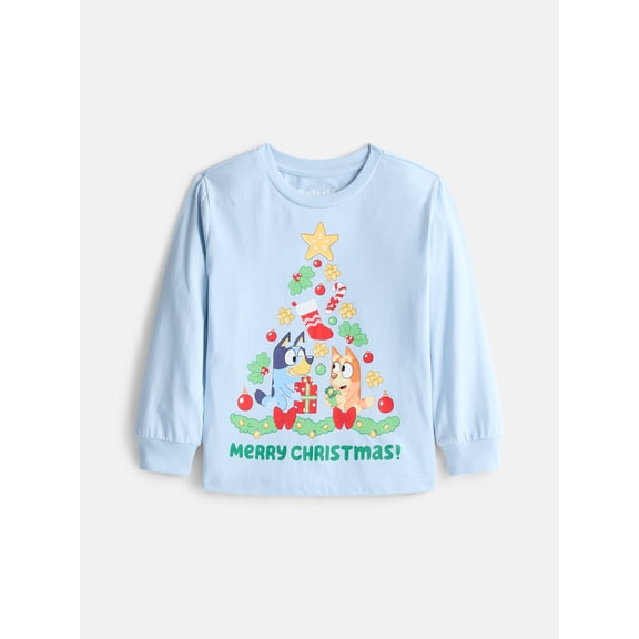 Bluey Baby and Toddler Girls Holiday Graphic Tee with Long Sleeves, Sizes 12M-5T