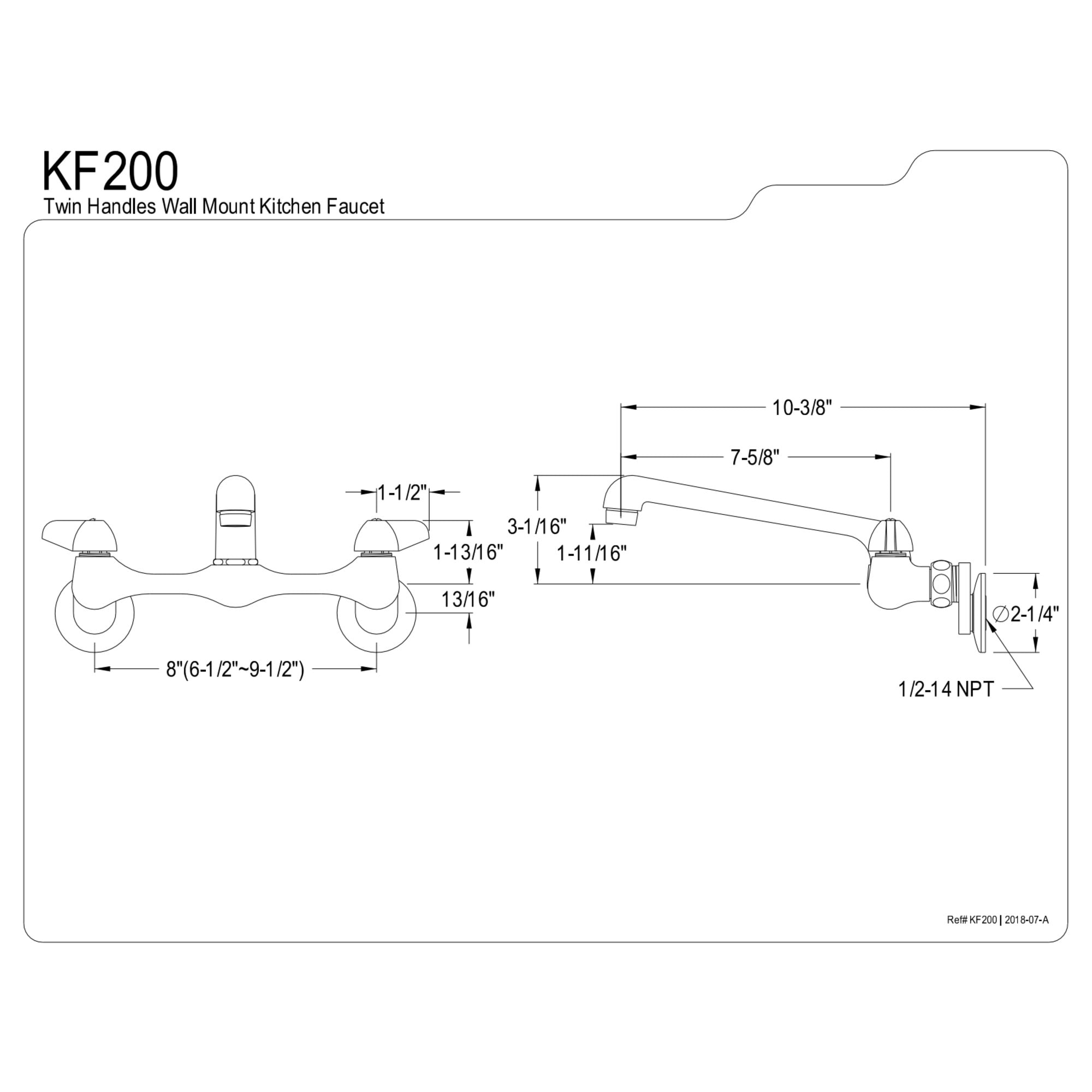 Kingston Brass KF200 Proseal Double-Handle 2-Hole Wall-Mount Bridge Kitchen Faucet in Polished Chrome