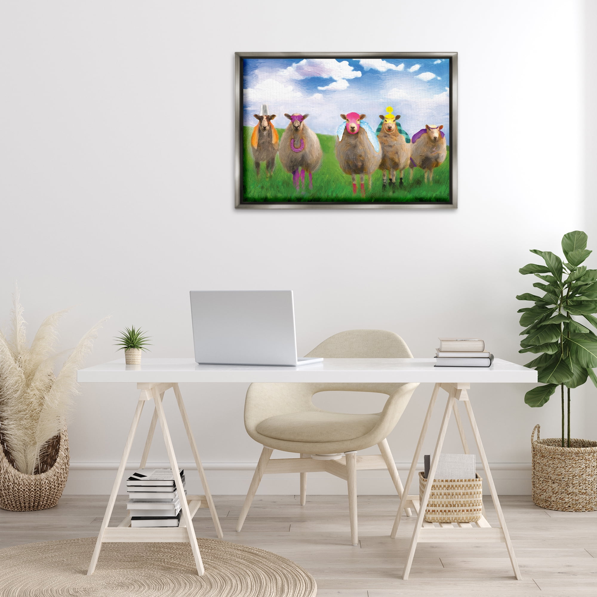Stupell Industries Superhero Sheep in Field Animals & Insects Painting Gray Floater Framed Canvas Art Print Wall Art, 31 x 21