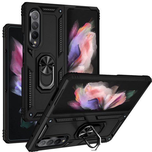 Samsung Galaxy Z Fold 3 Case, 360 Degree Rotating Kickstand Ring Holder Compatible with Magnetic Car Mount Heavy Duty Shock Absorption Back Cover Case for Samsung Galaxy Z Fold 3,Black