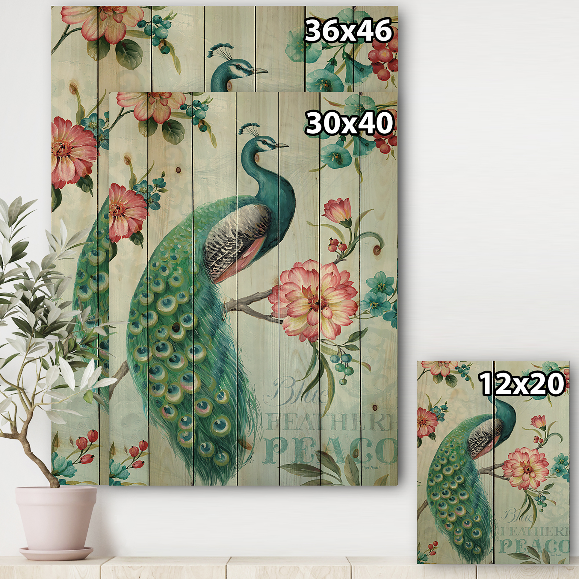 Designart 'Peacock On Flowers Branch' Floral and botanical Print on Natural Pine Wood