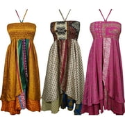 Mogul Womens Womens Sundress Recycled Silk Sari Vintage Two Layer Forgotten Classic Halter Dress Wholesale Lot Of 3 Pcs