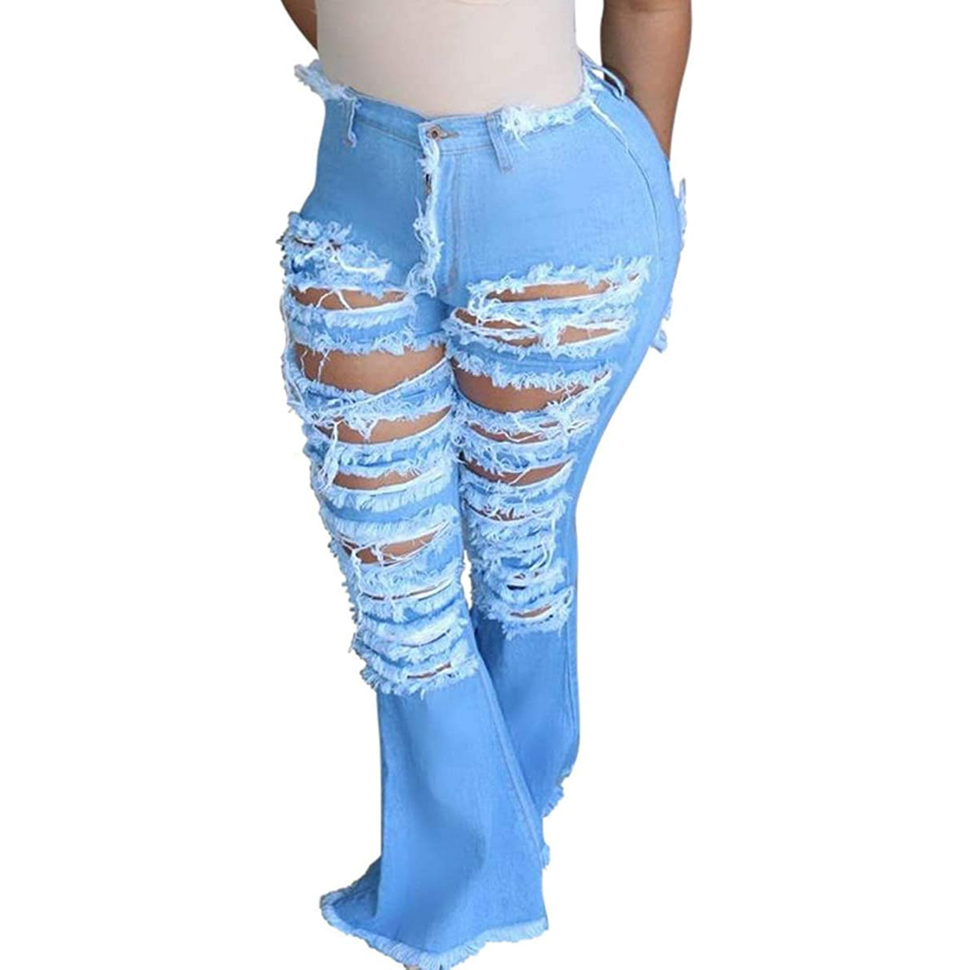Pantalon Classique en Jean Evase a Taille Haute avec un Trou Skinny Dechire a Taille Haute