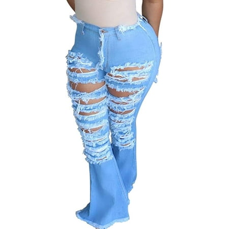 Women Bell Bottom Jeans high Waisted Ripped Skinny Hole Classic Flare ...