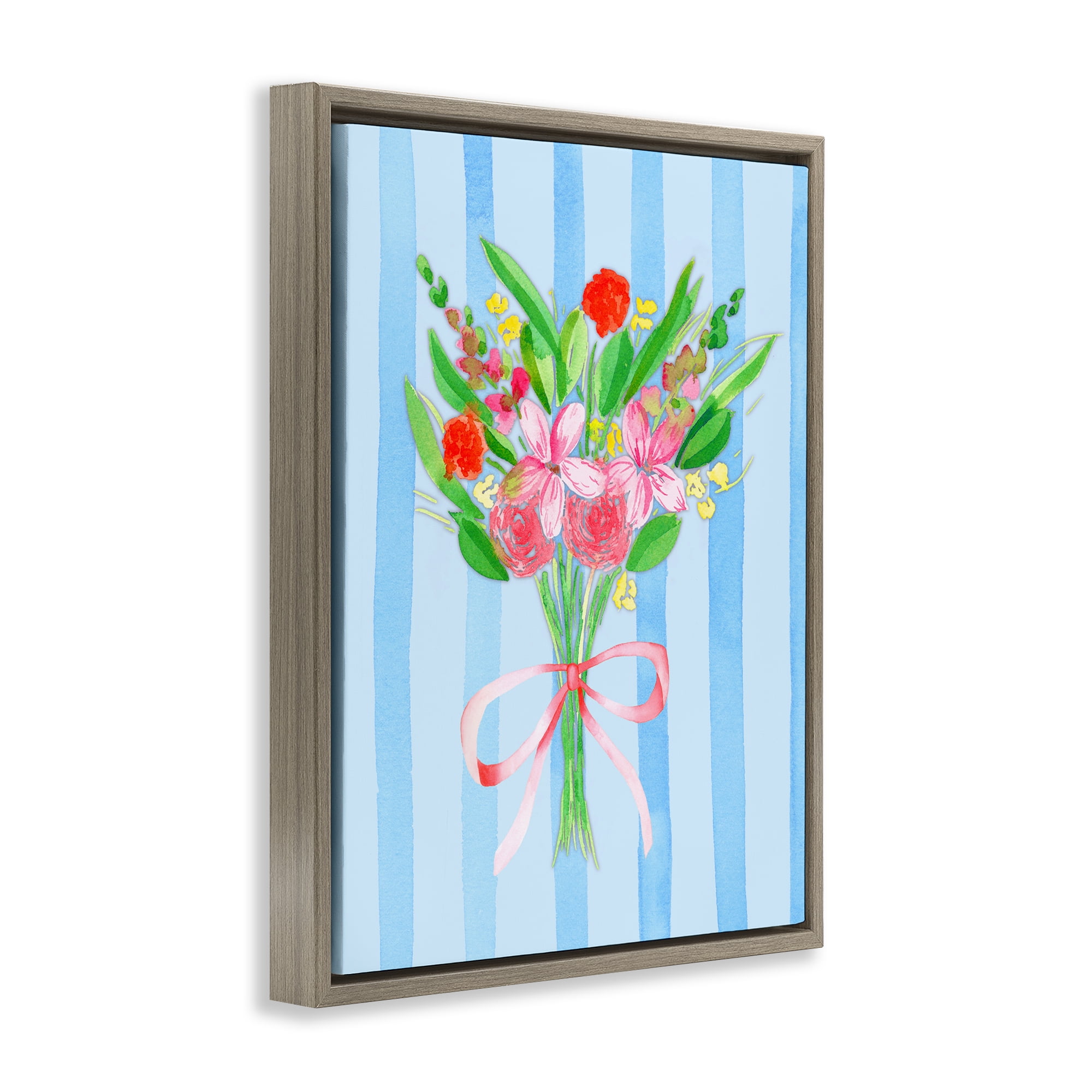 Blue and Pink Bouquet & Bow Brown Framed Floater Canvas Wall Art, design by Nina Jacobs